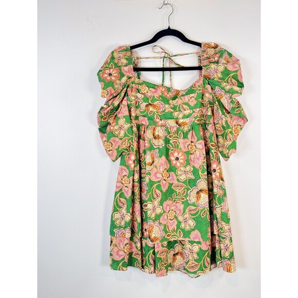 Misa Dress Green Kate Mini Ruched Puffed Floral Pintuck Tie Back A Line Boho XS - Picture 6 of 13